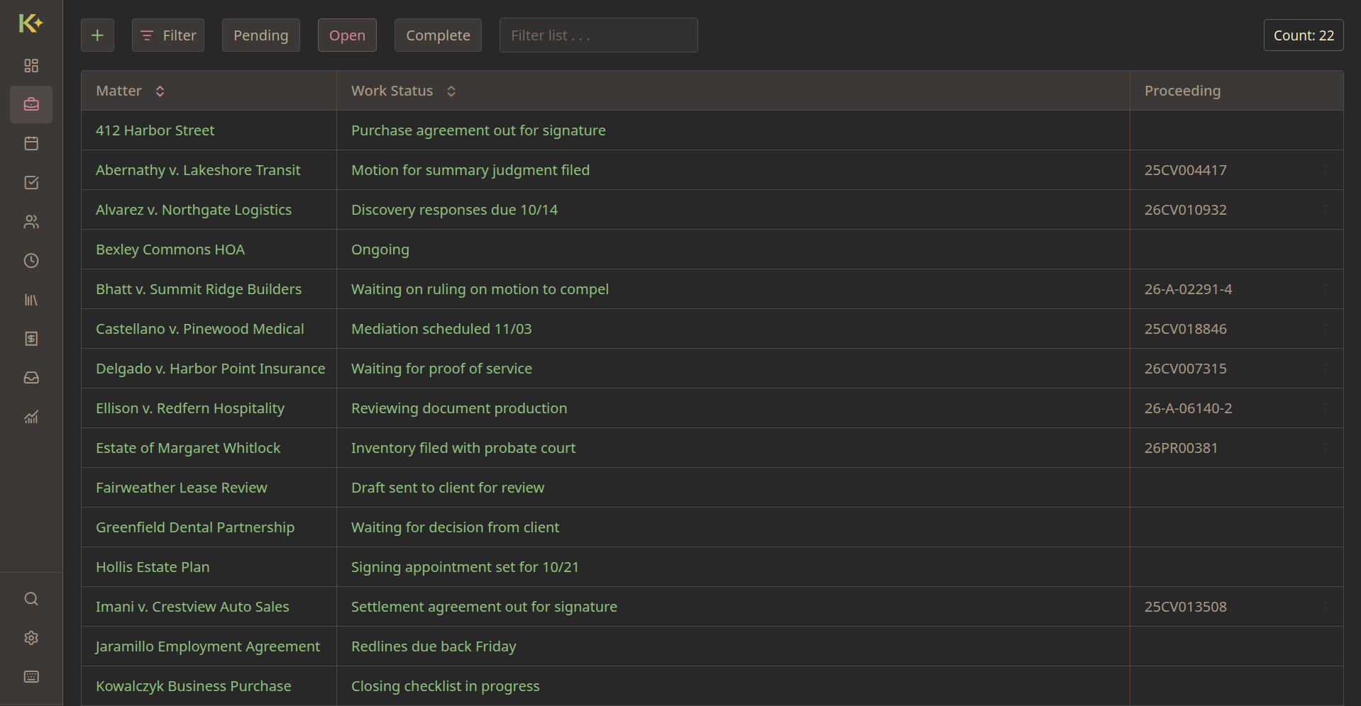 The Kosmos matter list in its Gruvbox theme: a sidebar of sections, and a table of matters with each one's work status and case number.